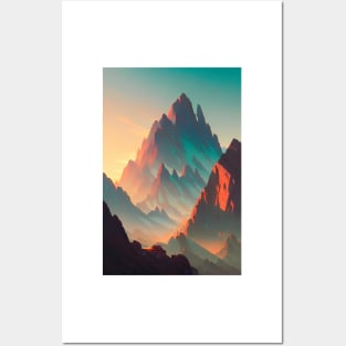 Mountain Range at Sunset - Majestic Red & Blue Lights Anime Landscape Posters and Art